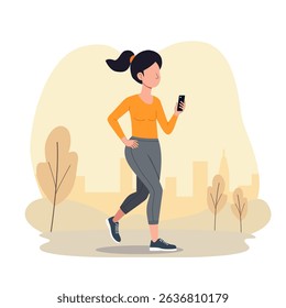 A woman is doing sport with phone on her hand at the city park