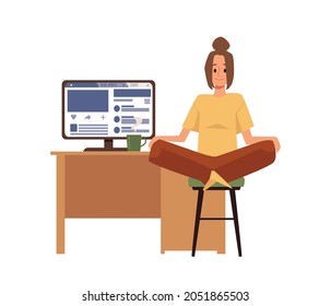 Woman Doing Sport At Work - Flat Vector Illustration Isolated On White Background. Office Worker Doing Yoga Asana In Lotus Pose In Front Of Table With Computer. Concept Of Workout In The Workplace.