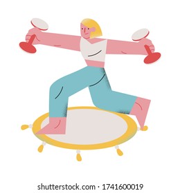 Woman doing sport workout with dumbbels at home during coronavirus pandemic
