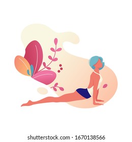 Woman doing sport, yoga, dancing, fitness exercise. Flat modern illustrations for beauty, spa, wellness, natural products, cosmetics, body care. Design for mobile website development.  Vector