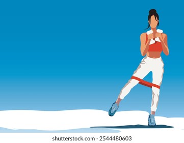 Woman doing sports, with dumbbells and elastic band. Woman athlete. Fitness aerobics in the fresh air. Vector illustration of a banner on the theme of sport in a flat style with a place for text