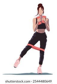 Woman doing sports with dumbbells and elastic band. Woman athlete. Fitness aerobics. Vector illustration in flat style on white background.