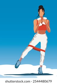 Woman doing sports with dumbbells and elastic band. Woman athlete. Fitness aerobics outdoors. Vector illustration in flat style