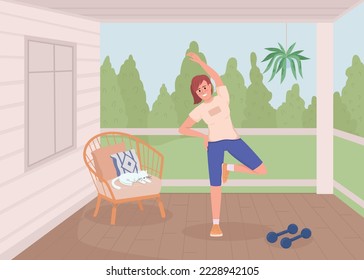 Woman doing sports exercises flat color vector illustration. Active workout on veranda. Healthy lifestyle. Fully editable 2D simple cartoon character with country house on background