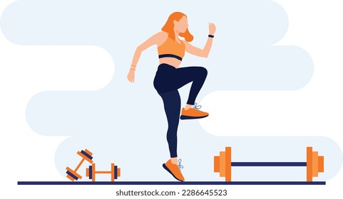 Woman doing sports and jogging flat character