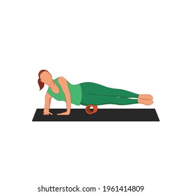 woman doing sports pilates gymnastic with foamroller on mat making mobility stretching exercise with no special equipment no background. vector illustration.