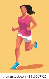 Woman doing sports, running in sportswear. Young woman running. Participation in sports races, sports competitions. Running on the street. Vector illustration flat style