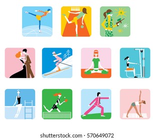 Woman doing sports. Skiing, Karate, tennis, yoga, gym icons. Vector illustration.