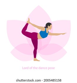 Mujer haciendo deportes, yoga. La pose de yoga del Señor de la Danza. Flor de Lotus al fondo. Ilustración del concepto de yoga, fitness y estilo de vida saludable, perfecto para banner, aplicación móvil, página de inicio. Vector