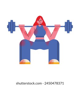 Woman doing squat with barbell. Girl exercising in gym, lifting weights. Female during sport, weightlifting workout, power training. Flat graphic vector illustration isolated on white background