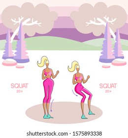 Woman doing Squat exercise, Full body workout. Lose belly fat, Get fit with fitness tips.