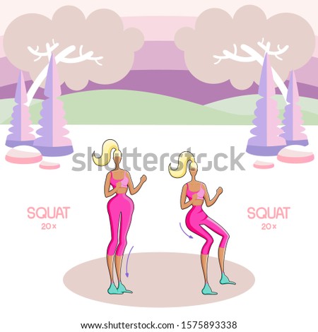 Woman doing Squat exercise, Full body workout. Lose belly fat, Get fit with fitness tips.