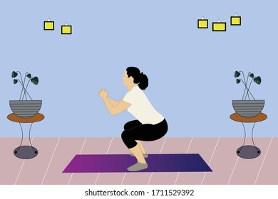  A woman doing squat exercise to lose weight and optimize her fitness and health.