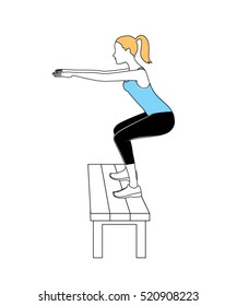 Woman doing squat exercise on the bench. Vector illustration 