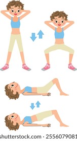 A woman doing squat exercises and training her waist and abdominal muscles
