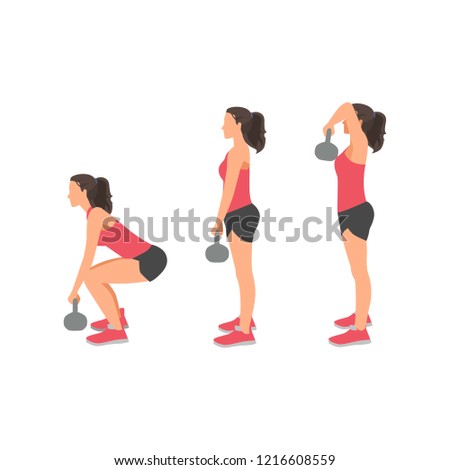 Woman doing squat to high pull with kettlebell. Flat workout exercise
