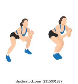 Woman doing squat jacks or side sumo walks exercise. Flat vector illustration isolated on white background