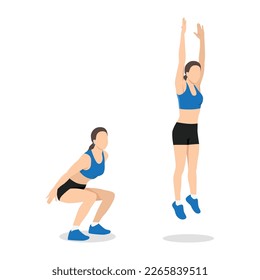 Woman doing squat jump in 2 steps in side view for strengthens entire lower body. Flat vector illustration isolated on white background