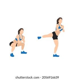 Woman Doing Squat Side Kick Exercise. Flat Vector Illustration Isolated On White Background