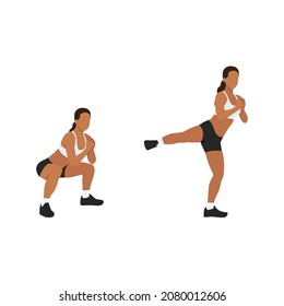 Woman Doing Squat Side Kick Exercise. Flat Vector Illustration Isolated On White Background