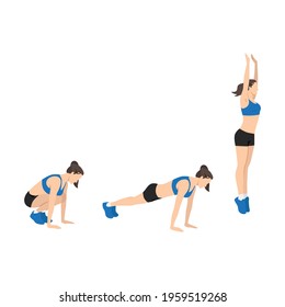 Woman doing the Squat Thrust Burpee position in 3 step. Flat vector illustration isolated on white background