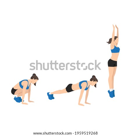 Woman doing the Squat Thrust Burpee position in 3 step. Flat vector illustration isolated on white background