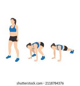 Woman doing Squat thrust exercise. Flat vector illustration isolated on white background