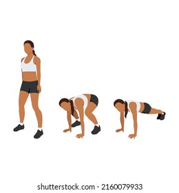 Woman doing Squat thrust exercise. Flat vector illustration isolated on white background