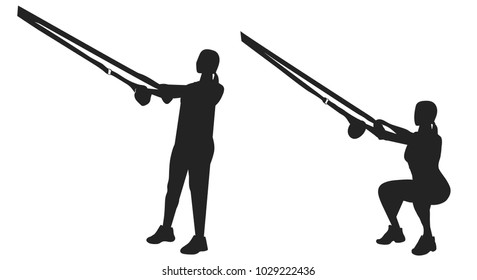 Woman Is Doing Squat Trx Exercise Isolated On White. Vector Silhouette Illustration.