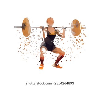 Woman doing squats with a large barbell. Workout in gym. Weight ligting, low polygonal abstract isolated vector illustration