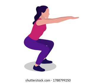 Woman doing squats. Physical exercises. Squats. Fitness. Vector illustration of a woman doing sports isolated on a white background