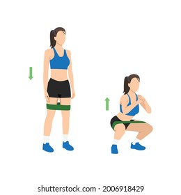 Woman doing Squats with resistance band exercise. Flat vector illustration isolated on white background