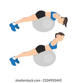 Woman doing stability or swiss ball back extensions exercise. Flat vector illustration isolated on white background