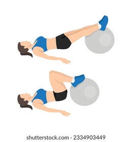 Woman doing stability or swiss ball hamstring leg curl, or hip raise or bridge. Flat vector illustration isolated on white background