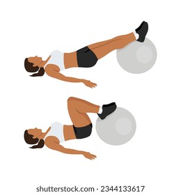 Woman doing stability or swiss ball hamstring leg curl, or hip raise or bridge. Flat vector illustration isolated on white background