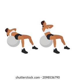 Woman doing stability,swiss,exercise ball crunches exercise Flat vector isolated on white background