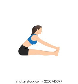 Woman doing Staff Hand To Big Toe Pose I. Practice Padangustha Dandasana I. Flat vector illustration isolated on white background