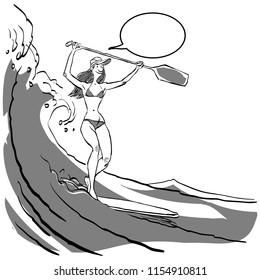Woman doing Stand Up Paddling on Paddle Board on Water at Seaside.