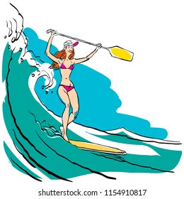 Woman doing Stand Up Paddling on Paddle Board on Water at Seaside.