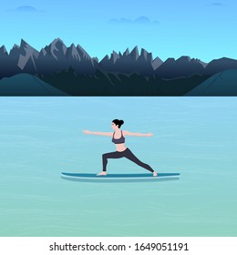 Woman doing Stand Up Paddling Yoga on Paddle Board on Water at Seaside. vector illustration.