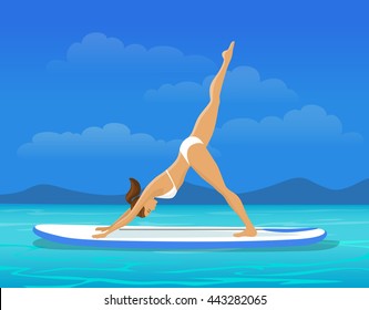 Woman doing Stand Up Paddling Yoga on Paddle Board on Water at Seaside. Stand Up Paddle Yoga Workout