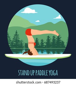 Woman doing Stand Up Paddling Yoga on Paddle Board on Water at lake Mountain landscape Stand Up Paddle Yoga Workout.