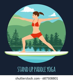 Woman doing Stand Up Paddling Yoga on Paddle Board on Water at lake Mountain landscape Stand Up Paddle Yoga Workout.