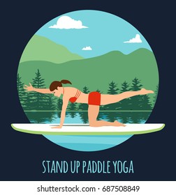 Woman doing Stand Up Paddling Yoga on Paddle Board on Water at lake Mountain landscape Stand Up Paddle Yoga Workout.