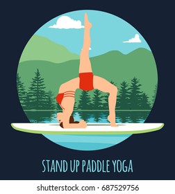 Woman doing Stand Up Paddling Yoga on Paddle Board on Water at lake Mountain landscape Stand Up Paddle Yoga Workout.