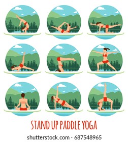 Woman doing Stand Up Paddling Yoga on Paddle Board on Water at lake Mountain landscape Stand Up Paddle Yoga Workout.