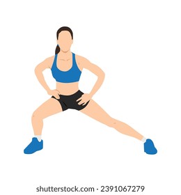 Woman doing standing adductor or adduction stretch exercise. Flat vector illustration isolated on white background