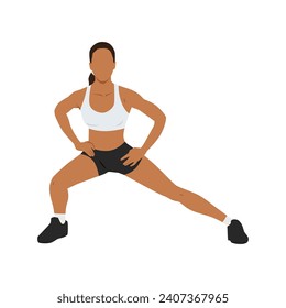 Woman doing standing adductor or adduction stretch exercise. Flat vector illustration isolated on white background