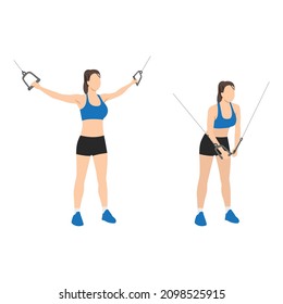 Woman doing Standing cable crossover press. cable flies exercise. Flat vector illustration isolated on white background. Workout character