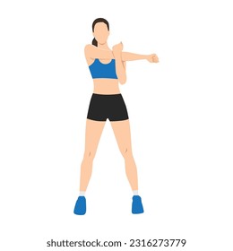 Woman doing Standing cross body arm. Shoulder stretch exercise. Flat vector illustration isolated on white background